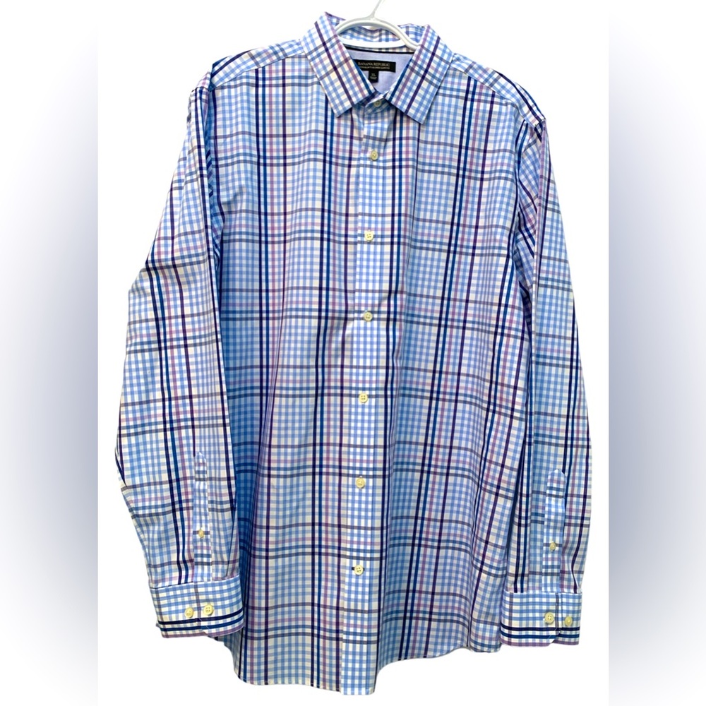Banana Republic Shirt Mens XL Blue Purple Plaid Button Up Non Iron Slim Fit